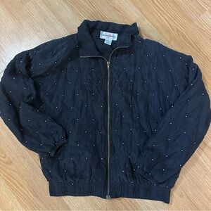 Vintage medium silk nylon whimsy princess goth black jacket pockets gold pearls